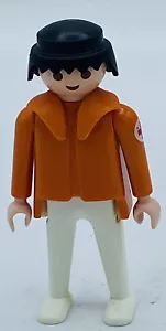 Vintage 1974 Geobra Lego Man Playmobil Figure Toy Orange Black Hair Wht/Red cros - Picture 1 of 6