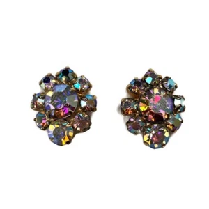 Vintage Aurora Borealis AB Sparkle Cluster Gold Tone Statement Clip Earrings - Picture 1 of 5