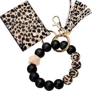 Keychain Bracelet Wristlet, Silicone Beaded Key Ring Bracelet with Card Wallet, - Picture 1 of 12