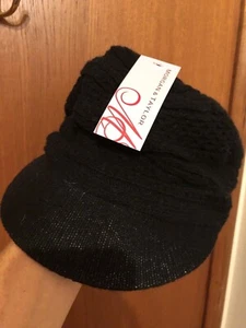 NEW $39.95 MORGAN and TAYLOR Black Wool Fancy Panel Fine Knit Peak Front Cap Hat - Picture 1 of 3