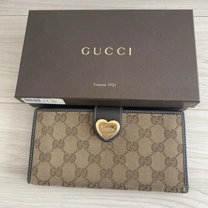 Gucci Portafoglio Lungo Marrone GG Tela Bellissimo Cuore Logo Elegante Accessori D767 - Foto 1 di 7