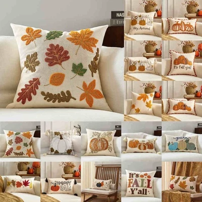 Fall Pumpkin Maple Leaves Cushion Cover Thanksgiving Pillow Cases Home Decor US - Image 1 of 4