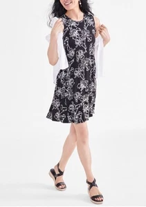 Style & Co Abito Infradito Maglia Nero/Bianco Floreale Elasticizzato Rayon Donna Taglia L - Foto 1 di 5
