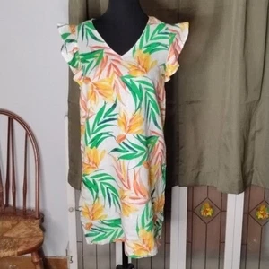 Nicole Miller 100% Leinen Tropical Grün Orange Print V-Ausschnitt Leinen Neu mit Etikett Größe XS - Bild 1 von 6