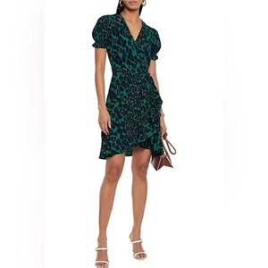 Diane von Furstenberg Emilia Ruffled Wrap Dress In Autumn Leopard Emerald S NWOT - Picture 1 of 16