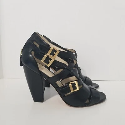 Size 6 Black Leather Heels Saks Fifth Avenue Strappy Zip Open Toe Women's Shoes - Image 1 of 4