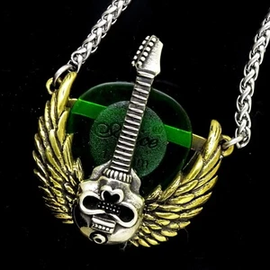 SKULL Guitar With Wings Pick Pendant Holder Necklace Artist Signed USA 2014 - Picture 1 of 3