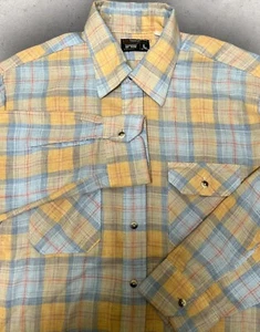 VINTAGE 70s JCPenney Plaid Flannel Tapered No Iron Shirt Size Large Blue Yellow - Picture 1 of 9