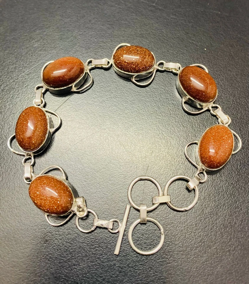Red Sunstone Gemstone 925 Sterling Silver Handmade Adjustable Bracelet Jewelry - Image 1 of 3