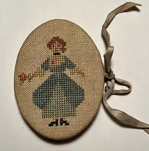 Antique Needle Book Keeper Handmade Fine Petit Point Stitch Woman Basket Oval - Picture 1 of 12