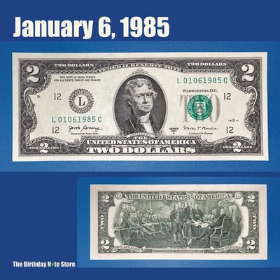 January 6, 1985 Birthday Anniversary $2 Two Dollar Bill Serial Number 01061985 - Image 1 of 2