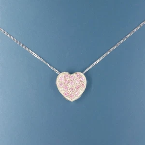 18" Sterling Silver Pink Cubic Zirconia CZ 0.5" Heart Pendant Chain Necklace - Picture 1 of 4