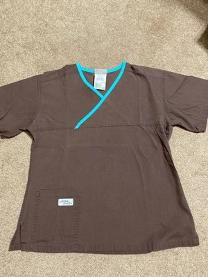 URBANE  Women's M Short Sleeve Scrub Top Brown / Teal Trim front pocket - Image 1 of 4