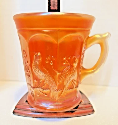 Vintage Northwood "Singing Birds" Carnival Glass 3.5" Mug in Merigold Color - Image 1 of 4