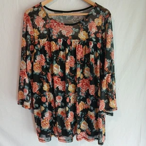 Bobby Brooks Size 1X Black Floral Lined Sheer Blouse Fit And Flare Sleeves Cute! - Picture 1 of 6