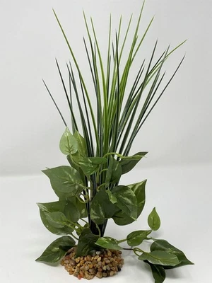 Combo de mezcla de hierba de espiga verde/blanco de 13" y G/W Pothos 818B, base de piedra, Ar realista Foto 1 de 4