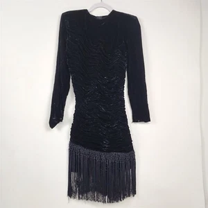 Vestido ceñido al cuerpo de terciopelo negro vintage manga larga con flecos - Imagen 1 de 8