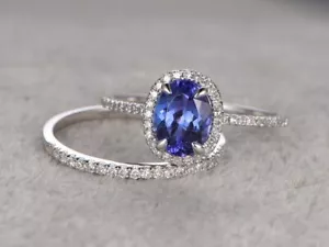 2.37Ct Blue Oval Lab Created Diamond 14K White Gold Engagement Bridal Ring Set - Picture 1 of 4