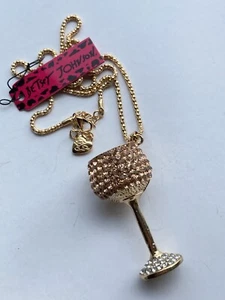 Betsey Johnson Gold Rhinestone Crystal Wine Glass Chalice 3D Pendant Necklace - Picture 1 of 4
