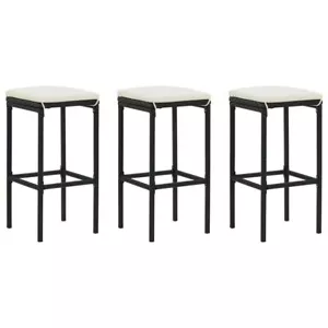 Set Of 3 Bar Stools With Cushion Black PE Rattan Counter Chair Built-In Footrest - Picture 1 of 8