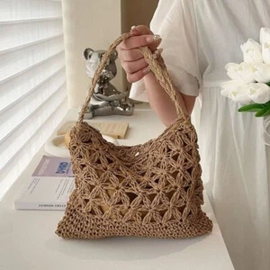 Handmade Knitted Straw Handbags Square Shoulder Crossbody Bag Woven Bag Women - Picture 1 of 12