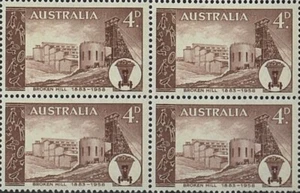 1958 Australian 75thAnniversary of Broken Hill Block 4x4d Native Rock Art Stamps - Picture 1 of 1