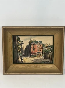Vtg Small Artwork Watercolor Print City Scene Chunky Wood Frame John R Good MCM - Picture 1 of 9
