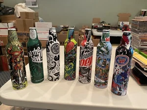7---2008 USA MOUNTAIN DEW GREEN LABEL ART Empty 16 oz ALUMINUM SODA BOTTLES - Picture 1 of 4