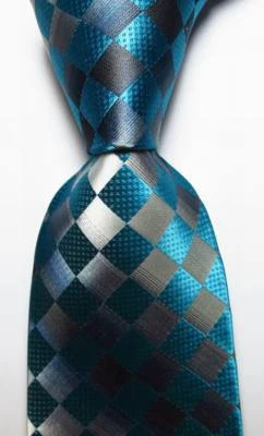New Classic Checks Blue Black Gray JACQUARD WOVEN Silk Men's Tie Necktie - Image 1 of 2