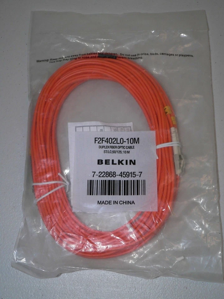 Belkin F2F402L0-10M ST/LC 50/125 10Meter 33FT Duplex Fiber Optic Patch Cable NEW - Image 1 of 1