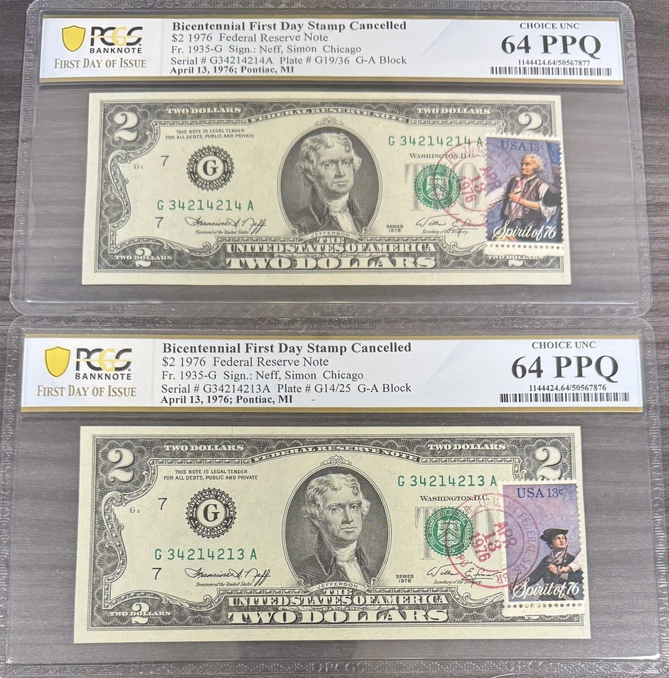 1976 $2 Two Dollar Bill - Stamped 4/13/1976 PCGS 64 PPQ FDOI 2 Consecutive SN V5 - Image 1 of 1