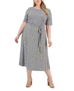 Kasper Plus Size Printed Tie-Waist Midi Dress Women's 14W Pebble Multi Back Zip - Picture 1 of 16