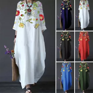 Retro Loose Round Neck Mid-Sleeve Large Swing Cotton and Linen Long Dress Spring - Picture 1 of 21