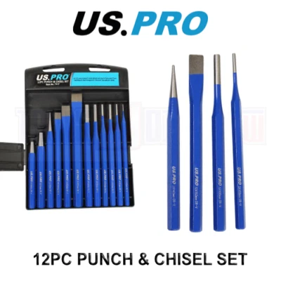 US PRO Tools 12pc Punch & Chisel Set Centre Long Tapered Punches Cold Chisels  - Image 1 of 4
