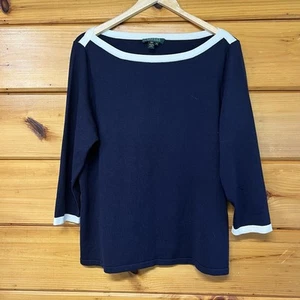 Lauren Ralph Lauren Top Size 1X Navy Silk Blend Boat Neck Nautical Old Money - Picture 1 of 3