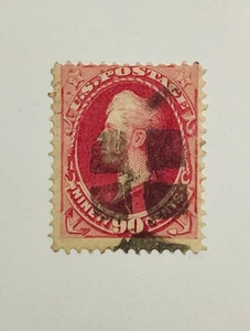 Francobollo primi Stati Uniti #166 usato 90¢ Rose-Carmine con annullamento fantasia geometrica CV$275,00+ - Foto 1 di 3