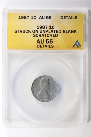 1987 Lincoln Memorial Cent Struck on Unplated Blank Error ANACS AU55 Details 1c Cover