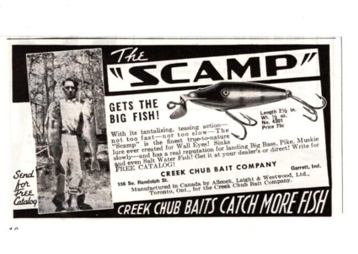 1940 Creek Chub The "Scamp" señuelo de pesca anuncio, aparejos, cebo, anuncio impreso de colección Foto 1 de 1