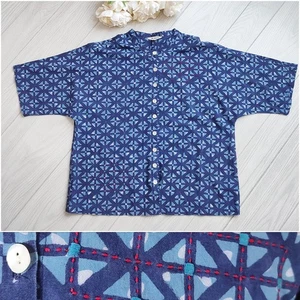 Marketplace Blue Cotton Top Handwork India Block Print Embroidered Button Boho L - Picture 1 of 13
