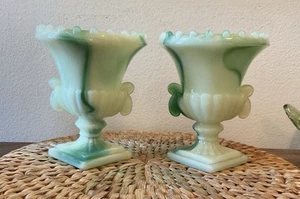 Akro Agate Green White Swirl Glass Urn Toothpick Holder Mini Vase Pair Vintage - Picture 1 of 10