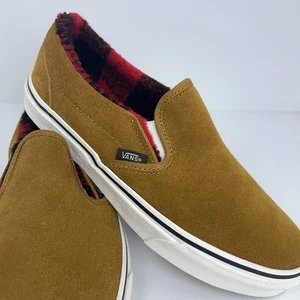 VANS Classic Slip On Skate Shoes Cozy Hug Suede Red Plaid Sherpa M9.5 W11 NWOT - Picture 1 of 23