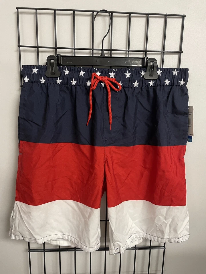 Dream Wave Stars Stripes Large Swim Trunks Red White Blue Patriotic USA Shorts