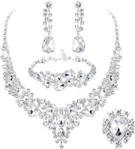 5PCS Hochzeit Schmuck Sets Für Damen Kristall Braut Halskette Silber Vintage Str - Bild 1 von 7