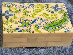 Bone Tiled Box with Blue & Green Floral Paisley Decorated Lid 6" x 4" NEW /NOS - Picture 1 of 5
