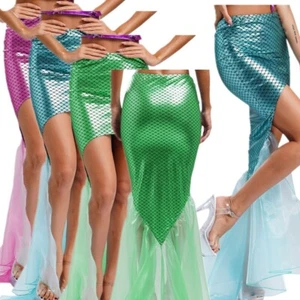 Women Mermaid Tail Costume Fish Scale Mini Pencil Skirt /w Tulle Halloween AU - Picture 1 of 39