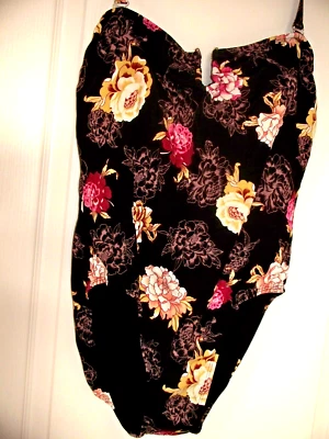 NEW  NWT L LARGE 14 Black Gold Wine Floral 1 Pc Swimsuit Newport News High Back  - Image 1 of 4