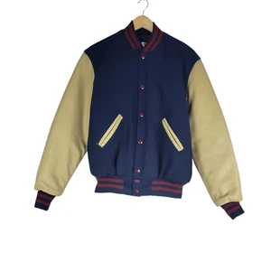 Varsity Bomber Baseball College Jacket size XS Wool Genuine Leather Sleeves Blue - Picture 1 of 7