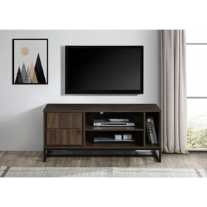 Mid-Century Modern TV Stand Media Console w/ 2 Tier Shelves Cabinet, Dark Walnut - Picture 1 of 2