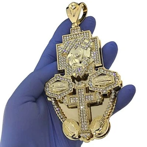 Huge 3D Jesus Piece Combo Pendant Cross Last Supper Flooded Out CZ Gold Plated - Picture 1 of 9