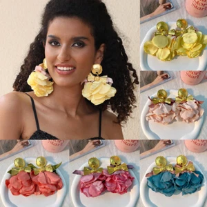 Bohemian Handmade Fabric Bow Rose Flower Long Big Earrings Exaggerated Earrings - Picture 1 of 26